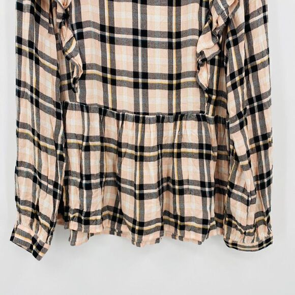 LOFT Size Medium Pink & Black Plaid Ruffled Long Sleeve Keyhole Back Top - Picture 3 of 9